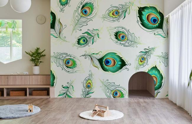 Abstract | Peacock Feather Motif Mural Non-Woven Wallpaper 1ft2 Teal and Emerald Green Abstract Abstract