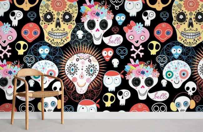 Skull | Colorful Day of the Dead Mural Non-Woven Wallpaper 1Roll Multicolor General Multicolor