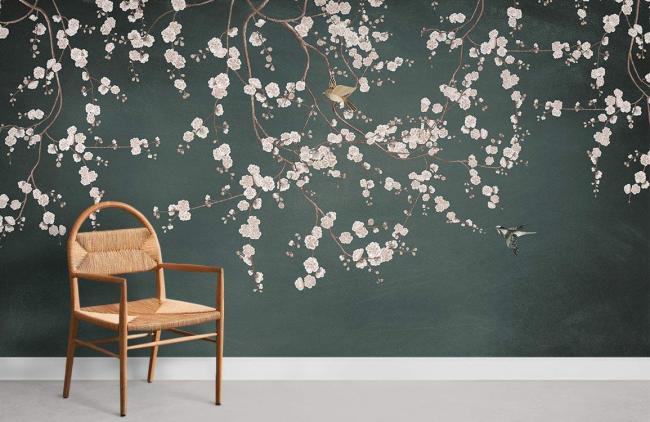 Vintage | Cherry Blossom Botanical Mural Non-Woven Wallpaper 1ft2 Emerald Green General Emerald Green