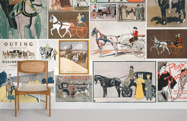 Vintage | Vintage Equestrian Illustration Collage Mural Non-Woven Wallpaper 1ft2 Beige General Beige