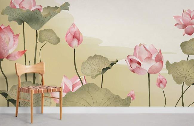 Chinoiserie | Elegant Pink Lotus Floral Mural Non-Woven Wallpaper 1ft2 Pink Chinoiserie Chinoiserie