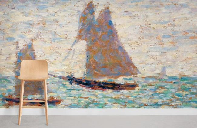 Famous Painting | Impressionist Nautical Sailboat Mural Non-Woven Wallpaper 1ft2 Blue and White Design & Art Blue & White