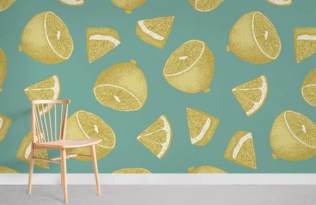 Food & Drink | Citrus Lemon Gold Kitchen Mural Non-Woven Wallpaper 1Roll Teal and Gold Food & Drink Food & Drink