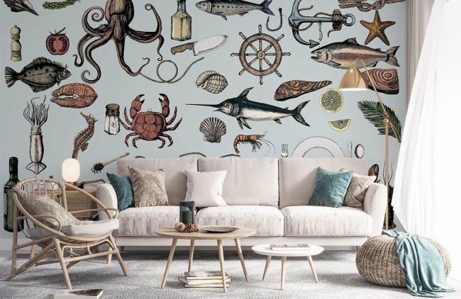 Food & Drink | Nautical Sea Life Illustration Mural Non-Woven Wallpaper 1ft2 Neutral Food & Drink Food & Drink