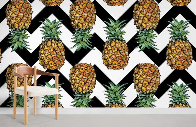 Food & Drink | Tropical Pineapple Diagonal Stripe Mural Non-Woven Wallpaper 1Roll Black and Yellow Food & Drink Black & Yellow