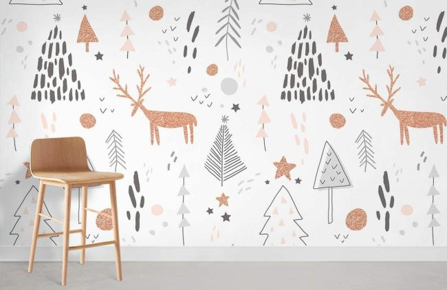 Food & Drink | Whimsical Forest & Deer Kids Mural Non-Woven Wallpaper 1Roll Beige Food & Drink Beige