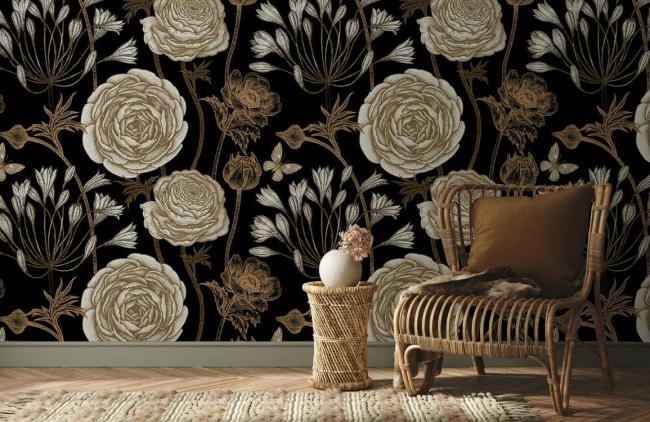 Vintage | Elegant Black Gold Floral Non-Woven Wallpaper 1Roll Black and Gold General Black & Gold