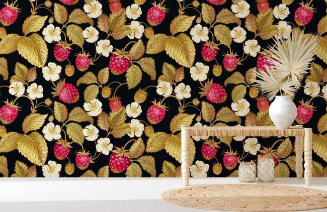 Vintage | Gold Strawberry Botanical Mural Non-Woven Wallpaper 1Roll Black and Red General Black & Red