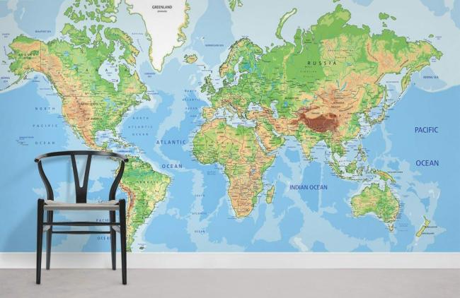 Map | Borderline Island World Map Educational Mural Non-Woven Wallpaper 1ft2 Multicolor General Map