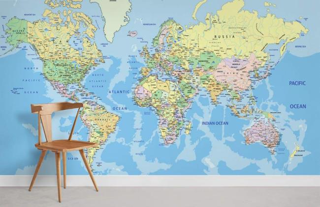 Map | Sophisticated Colorful World Map Mural Non-Woven Wallpaper 1ft2 Multi General Map