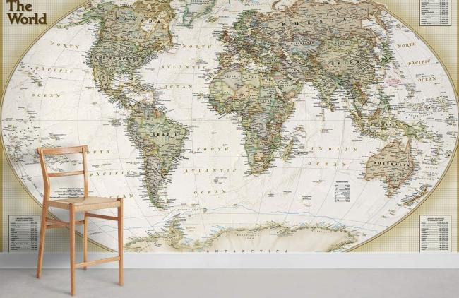 Map | Vintage World Map Non-Woven Wallpaper Mural 1ft2 Beige General Beige