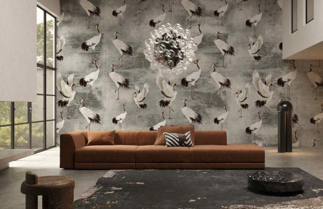 Vintage | Elegant Cranes Grey Vintage Mural Non-Woven Wallpaper 1Roll Grey General Grey