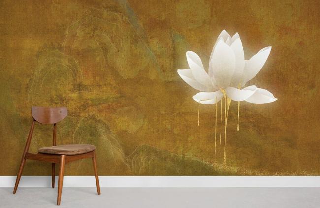 Vintage | Golden Abstract Lotus Flower Mural Non-Woven Wallpaper 1ft2 Gold General Gold